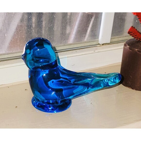 VTG Crystal Hand Blown Bluebird of Happiness Sea Blue Glass Figurine Signed 3"H - Picture 3 of 16